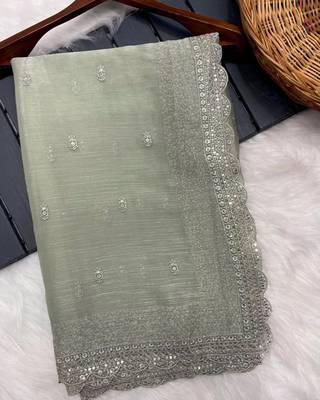 Green Burburry Silk Beautiful Designer sequin and Zari Thread Embroidery Work with Embroidery Blouse 3