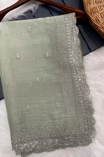 Green Burburry Silk Beautiful Designer sequin and Zari Thread Embroidery Work with Embroidery Blouse