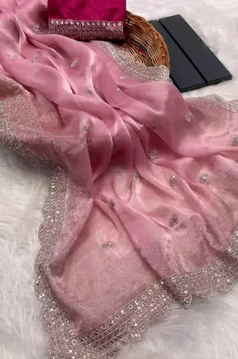 Pink Burburry Silk Beautiful Designer sequin and Zari Thread Embroidery Work with Embroidery Blouse