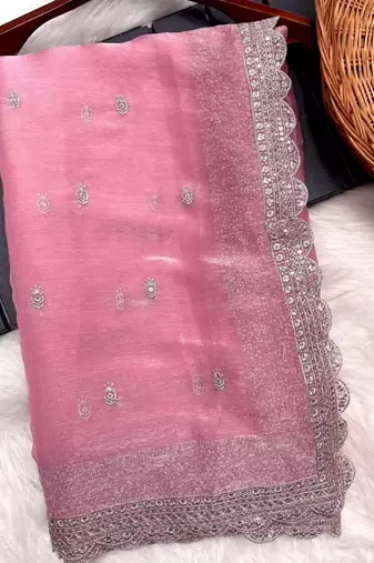 Pink Burburry Silk Beautiful Designer sequin and Zari Thread Embroidery Work with Embroidery Blouse