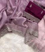 Lilac Silk Blend Party Wear Saree With Silver Sequin Embroidered