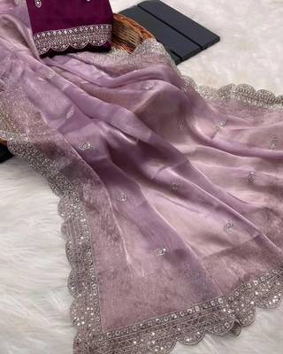 Lilac Silk Blend Party Wear Saree With Silver Sequin Embroidered 2