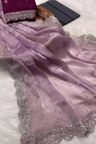 Lilac Silk Blend Party Wear Saree With Silver Sequin Embroidered