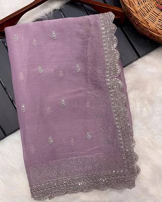 Lilac Silk Blend Party Wear Saree With Silver Sequin Embroidered 3