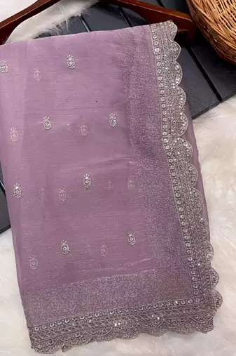 Lilac Silk Blend Party Wear Saree With Silver Sequin Embroidered