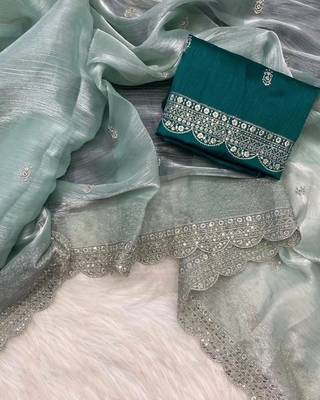 Skyblue Burburry Silk Beautiful Designer sequin and Zari Thread Embroidery Work with Embroidery Blouse 1