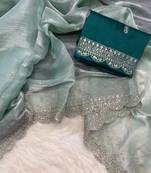 Skyblue Burburry Silk Beautiful Designer Sequence and Zari Thread Embroidery Work with Embroidery Blouse