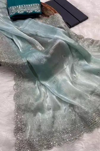 Skyblue Burburry Silk Beautiful Designer sequin and Zari Thread Embroidery Work with Embroidery Blouse