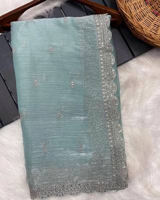 Skyblue Burburry Silk Beautiful Designer sequin and Zari Thread Embroidery Work with Embroidery Blouse 3