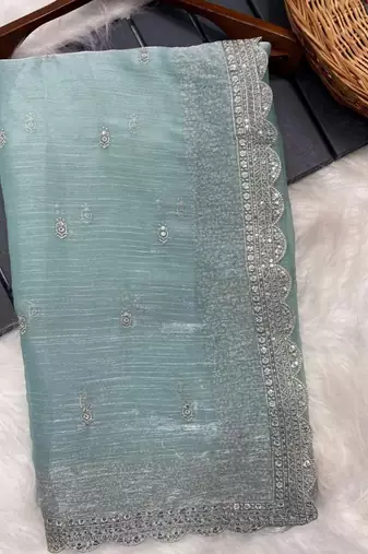 Skyblue Burburry Silk Beautiful Designer sequin and Zari Thread Embroidery Work with Embroidery Blouse