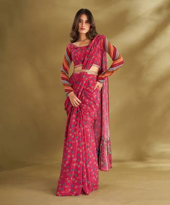 Hot Pink Crepe Printed Pre-Draped Saree Set 1