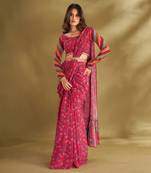 Hot Pink Crepe Printed Pre-Draped Saree Set