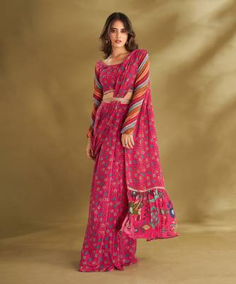 Hot Pink Crepe Printed Pre-Draped Saree Set 2