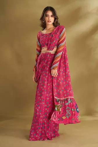 Hot Pink Crepe Printed Pre-Draped Saree Set