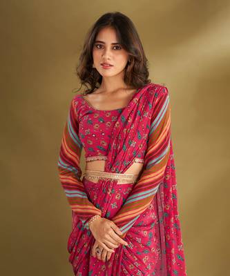 Hot Pink Crepe Printed Pre-Draped Saree Set 3