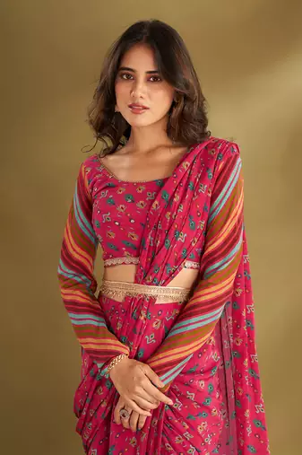 Hot Pink Crepe Printed Pre-Draped Saree Set