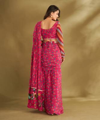 Hot Pink Crepe Printed Pre-Draped Saree Set 4