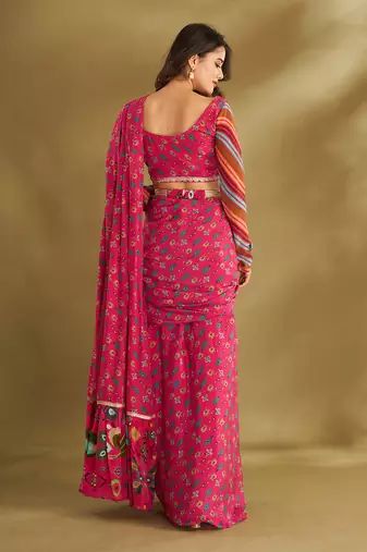 Hot Pink Crepe Printed Pre-Draped Saree Set