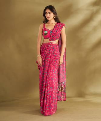 Hot Pink Crepe Printed Pre-Draped Saree Set 1
