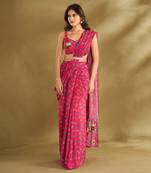 Hot Pink Crepe Printed Pre-Draped Saree Set
