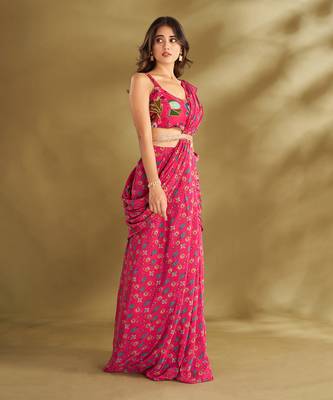 Hot Pink Crepe Printed Pre-Draped Saree Set 2
