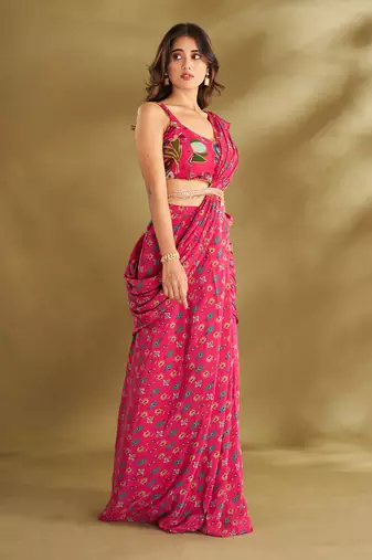 Hot Pink Crepe Printed Pre-Draped Saree Set