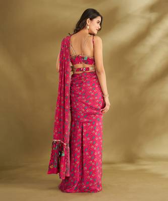 Hot Pink Crepe Printed Pre-Draped Saree Set 5