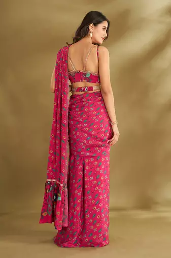 Hot Pink Crepe Printed Pre-Draped Saree Set