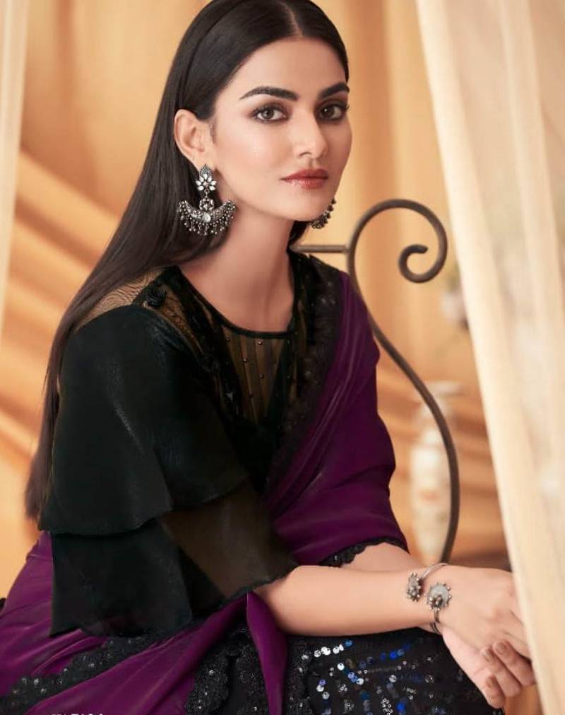 Fancy Party wear Purple & Black With Embroidery Sequce Glass Work  Saree with Blouse