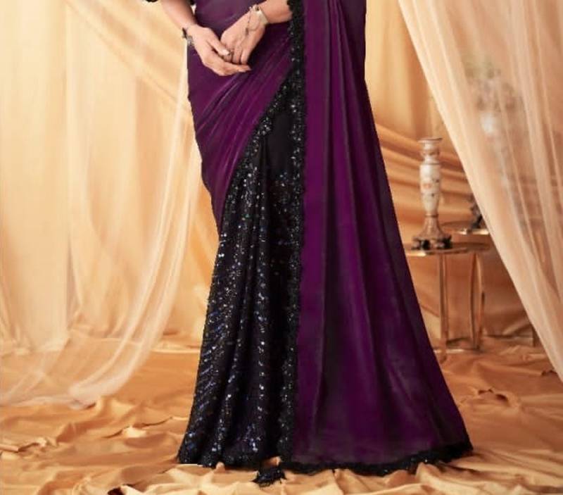 Fancy Party wear Purple & Black With Embroidery Sequce Glass Work  Saree with Blouse