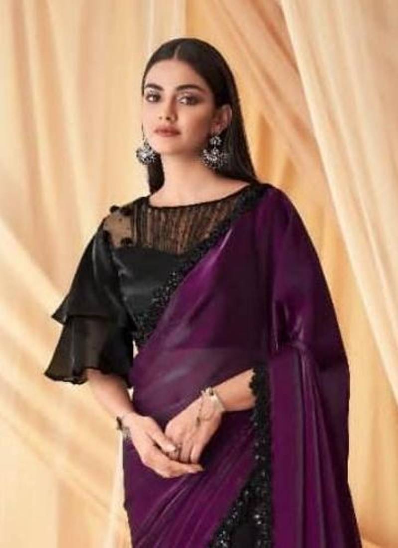 Fancy Party wear Purple & Black With Embroidery Sequce Glass Work  Saree with Blouse