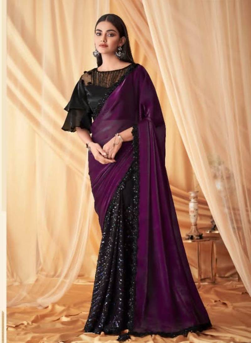 Fancy Party wear Purple & Black With Embroidery Sequce Glass Work  Saree with Blouse