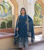 Heavy sequins work rama colour partywear gown with dupatta
