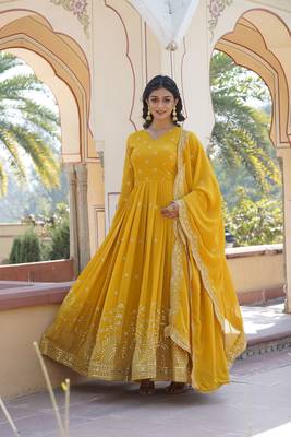 Heavy sequins work yellow colour partywear gown with dupatta 1