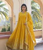 Heavy sequins work yellow colour partywear gown with dupatta