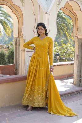 Heavy sequins work yellow colour partywear gown with dupatta 2