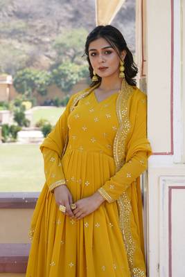 Heavy sequins work yellow colour partywear gown with dupatta 3
