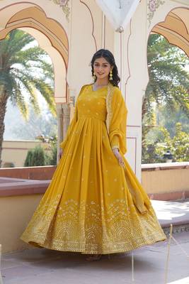 Heavy sequins work yellow colour partywear gown with dupatta 4