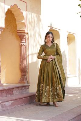 Heavy sequins work mahendi colour partywear gown with dupatta 1