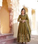 Heavy sequins work mahendi colour partywear gown with dupatta