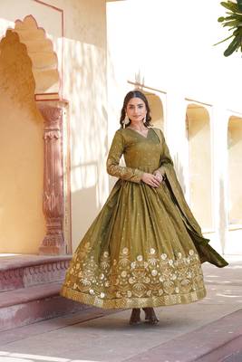 Heavy sequins work mahendi colour partywear gown with dupatta 2