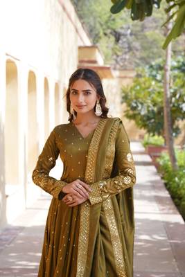 Heavy sequins work mahendi colour partywear gown with dupatta 3