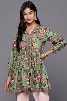 Stylish green colour crepe fabric girlish partywear short kurti 1
