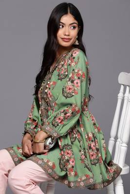 Stylish green colour crepe fabric girlish partywear short kurti 2