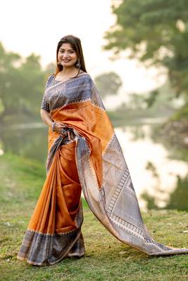 Ethnic Wear Yellow tussar silk blend Zari Woven Traditional Saree 1