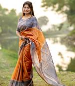 Ethnic Wear Yellow tussar silk blend Zari Woven Traditional Saree