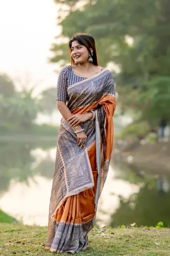 Ethnic Wear Yellow tussar silk blend Zari Woven Traditional Saree