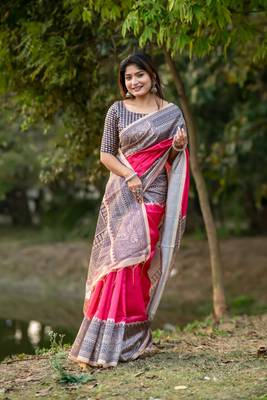 Ethnic Wear Pink tussar silk blend Zari Woven Traditional Saree 1