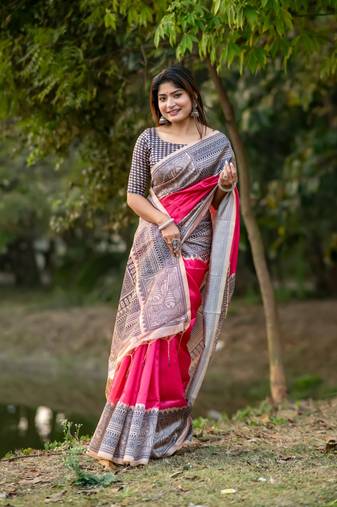 Ethnic Wear Pink tussar silk blend Zari Woven Traditional Saree