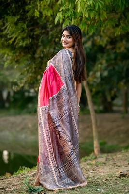 Ethnic Wear Pink tussar silk blend Zari Woven Traditional Saree 2